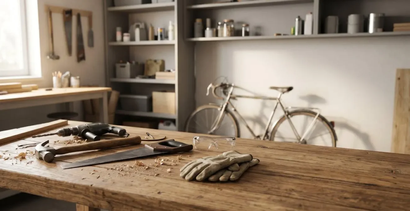 Atelier de bricolage avec outils et équipements de protection illustrant la nécessité d'une garantie accidents de la vie pour les bricoleurs