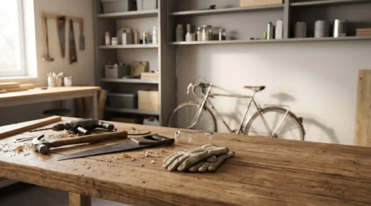 Atelier de bricolage avec outils et équipements de protection illustrant la nécessité d'une garantie accidents de la vie pour les bricoleurs