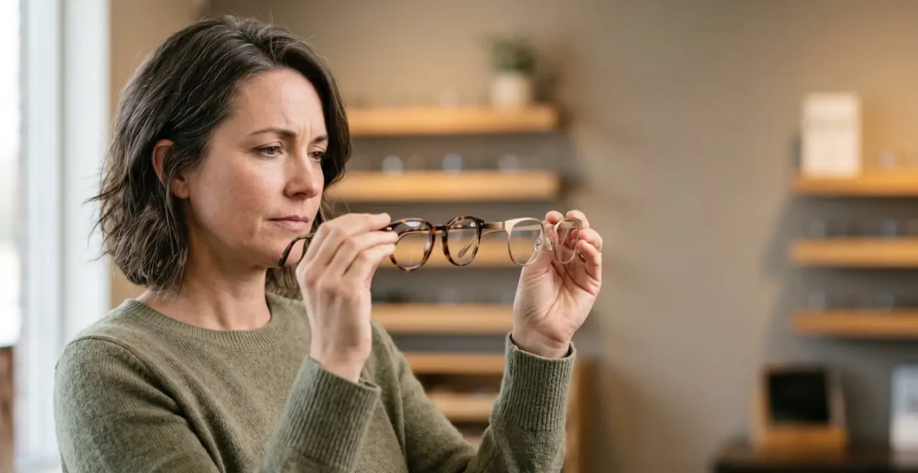 Femme choisissant des montures de lunettes dans un environnement lumineux et moderne
