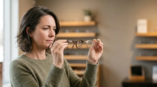 Femme choisissant des montures de lunettes dans un environnement lumineux et moderne