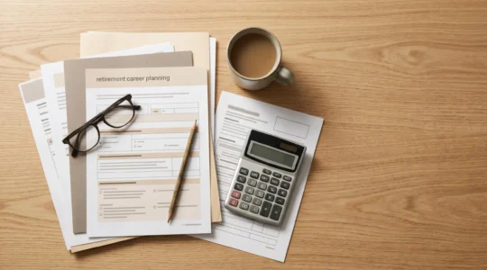 Documents administratifs de relevé de carrière avec stylo et calculatrice sur bureau, préparation du dossier de retraite