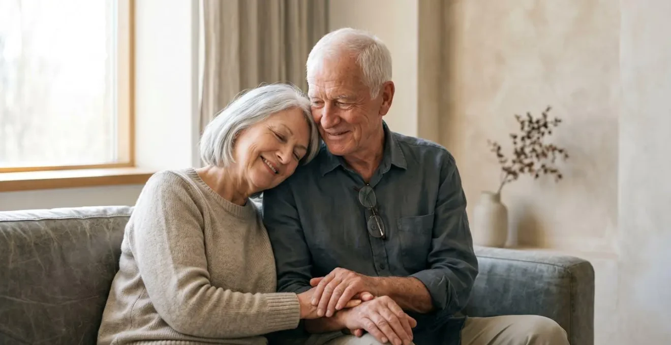 Couple de seniors discutant sereinement dans un environnement lumineux et chaleureux