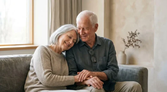 Couple de seniors discutant sereinement dans un environnement lumineux et chaleureux