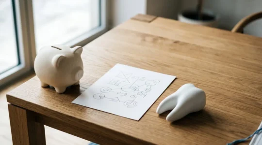 Scène conceptuelle illustrant la décision financière concernant une surcomplémentaire santé dentaire
