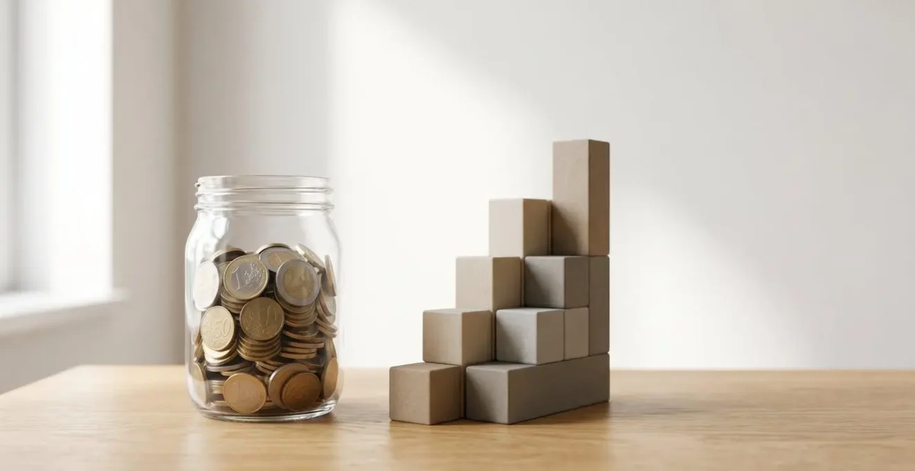 Scène éditoriale représentant l'équilibre entre croissance financière et sécurité de l'épargne dans un cadre contemporain
