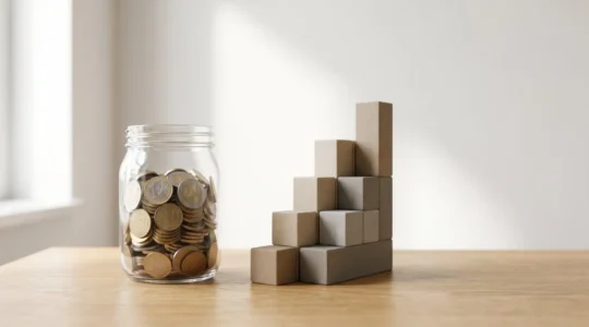 Scène éditoriale représentant l'équilibre entre croissance financière et sécurité de l'épargne dans un cadre contemporain
