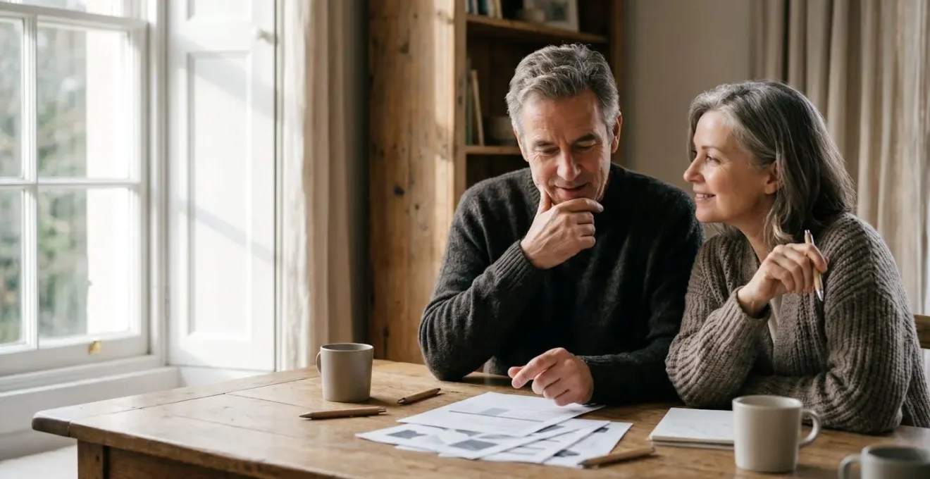 Couple de seniors consultant ensemble des documents financiers dans un cadre lumineux, planifiant leur retraite avec sérénité