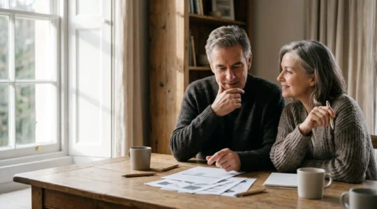 Couple de seniors consultant ensemble des documents financiers dans un cadre lumineux, planifiant leur retraite avec sérénité
