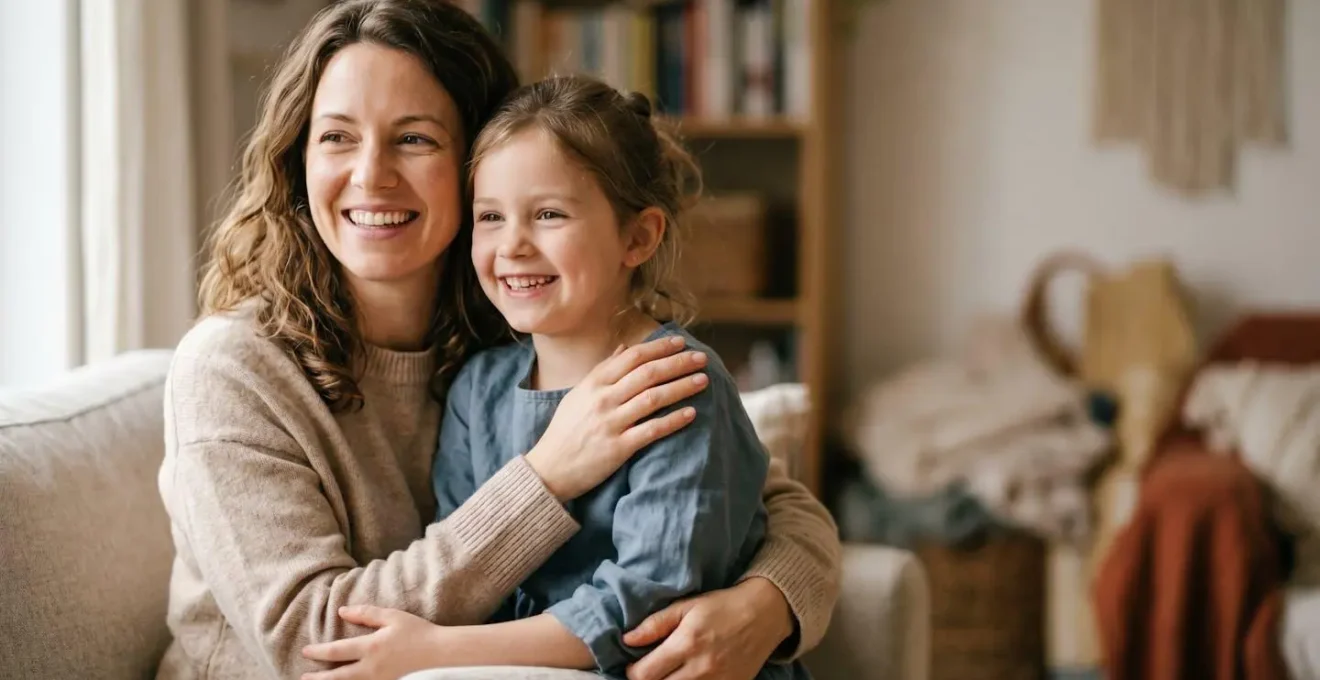 Famille souriante montrant des dents saines lors d'un moment de complicité, symbolisant la prévention dentaire dès l'enfance