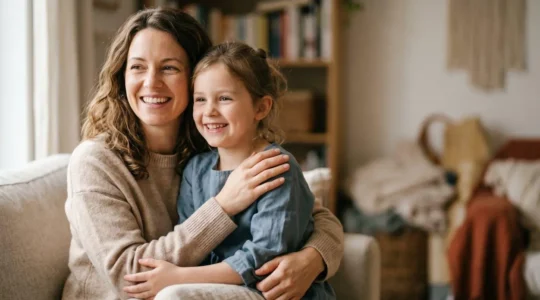 Famille souriante montrant des dents saines lors d'un moment de complicité, symbolisant la prévention dentaire dès l'enfance