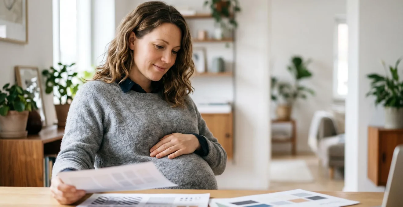 Femme enceinte consultant des documents de mutuelle santé pour choisir une couverture sans délai de carence