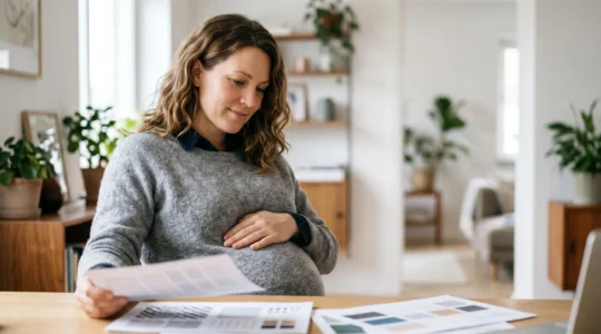 Femme enceinte consultant des documents de mutuelle santé pour choisir une couverture sans délai de carence