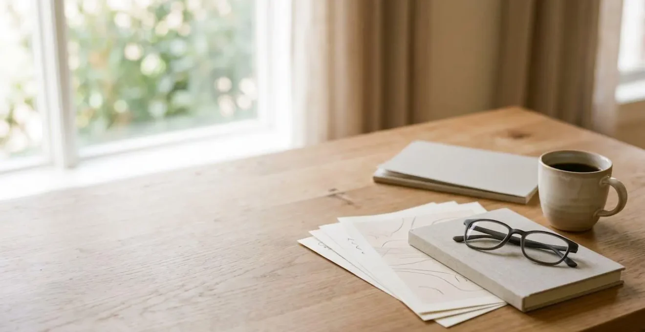 Bureau lumineux avec documents administratifs pension invalidité posés sur une table en bois, lumière naturelle douce