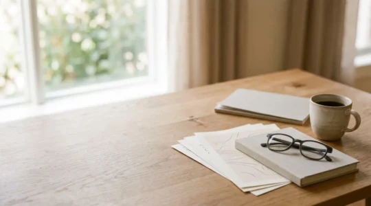 Bureau lumineux avec documents administratifs pension invalidité posés sur une table en bois, lumière naturelle douce