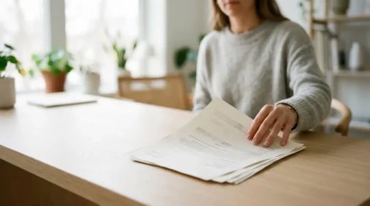 Document de relevé de remboursement de la Sécurité sociale avec des chiffres et des données de santé en arrière-plan flou, illustrant la transparence financière des soins médicaux