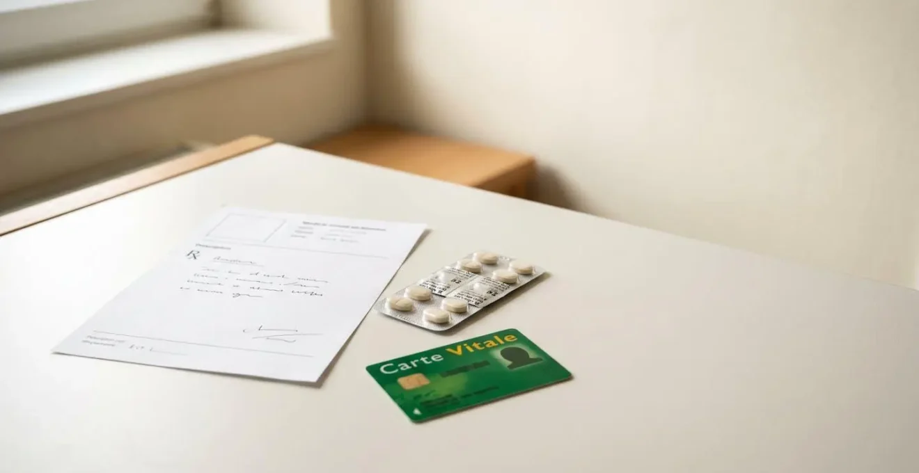 Médicaments et ordonnance avec carte vitale représentant le système de remboursement santé