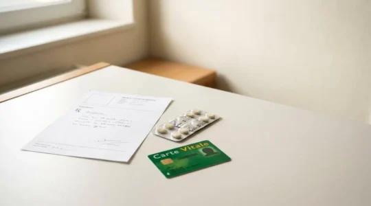 Médicaments et ordonnance avec carte vitale représentant le système de remboursement santé