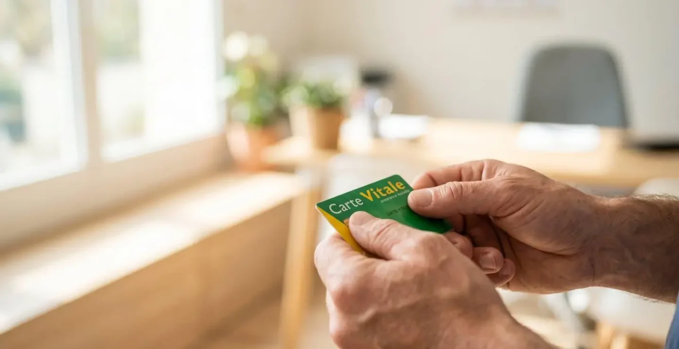 Une personne recevant sa carte Vitale dans un environnement administratif français serein et lumineux