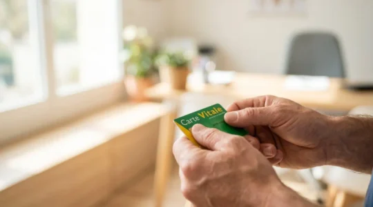 Une personne recevant sa carte Vitale dans un environnement administratif français serein et lumineux