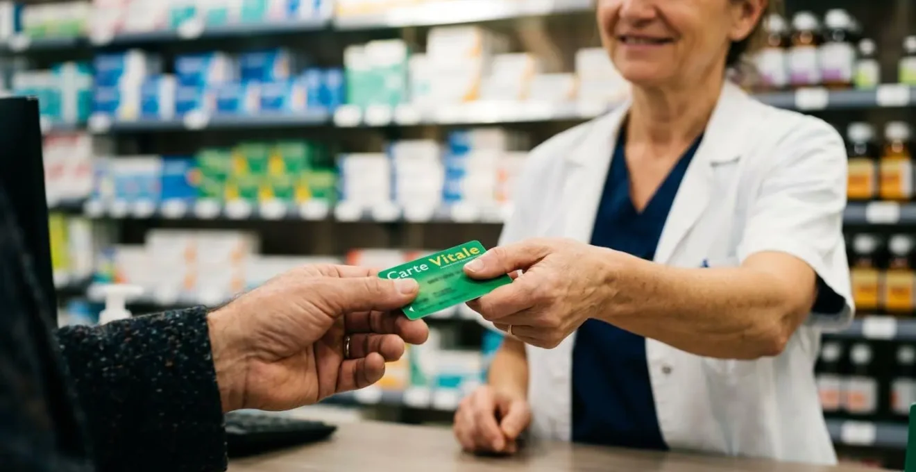 Patient présentant sa carte Vitale en pharmacie pour bénéficier du tiers payant intégral ALD