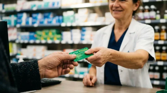 Patient présentant sa carte Vitale en pharmacie pour bénéficier du tiers payant intégral ALD