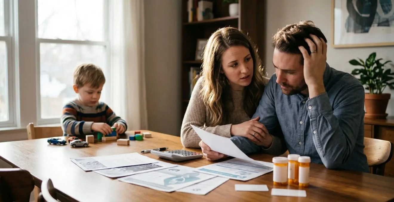 Famille consultant des documents médicaux et de remboursement de mutuelle pour gérer les dépassements d'honoraires