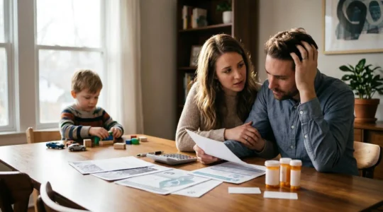 Famille consultant des documents médicaux et de remboursement de mutuelle pour gérer les dépassements d'honoraires