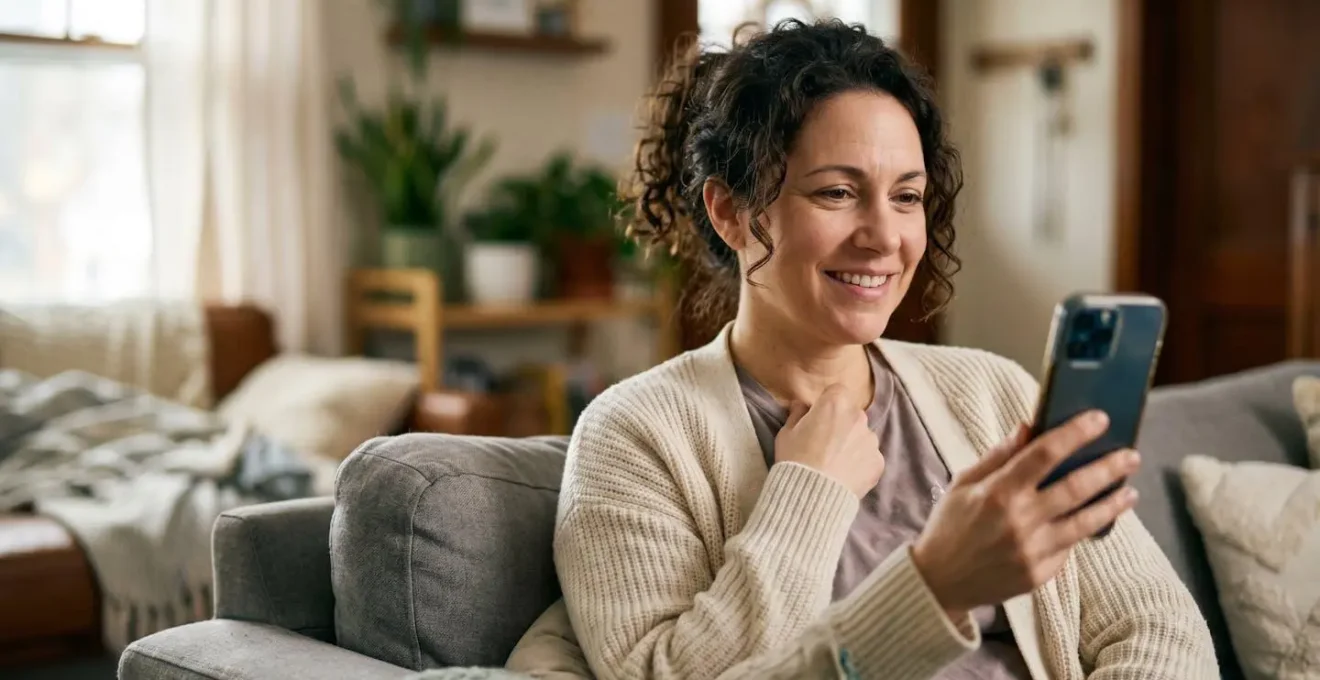 Personne utilisant la téléconsultation médicale durant le week-end dans un environnement familial apaisant