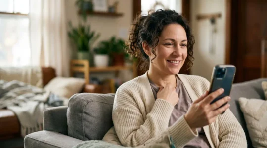 Personne utilisant la téléconsultation médicale durant le week-end dans un environnement familial apaisant