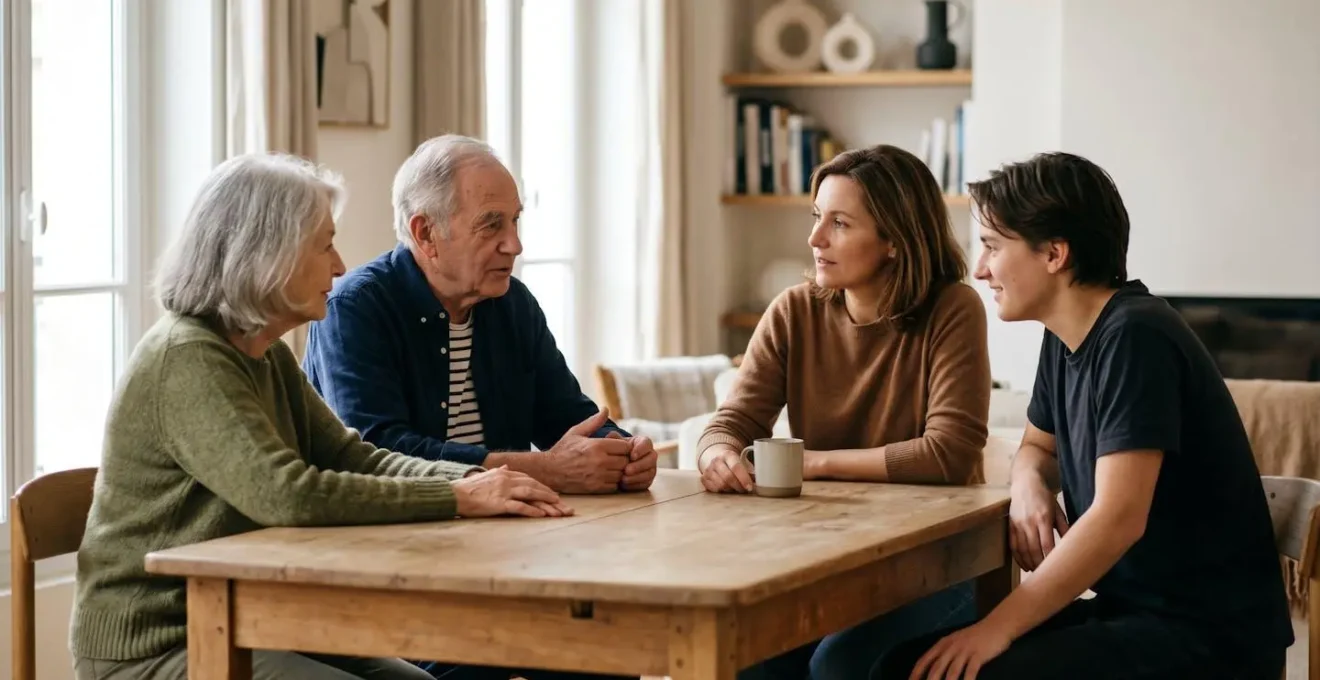 Scène familiale intergénérationnelle évoquant la transmission de patrimoine et la planification successorale