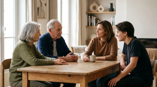 Scène familiale intergénérationnelle évoquant la transmission de patrimoine et la planification successorale